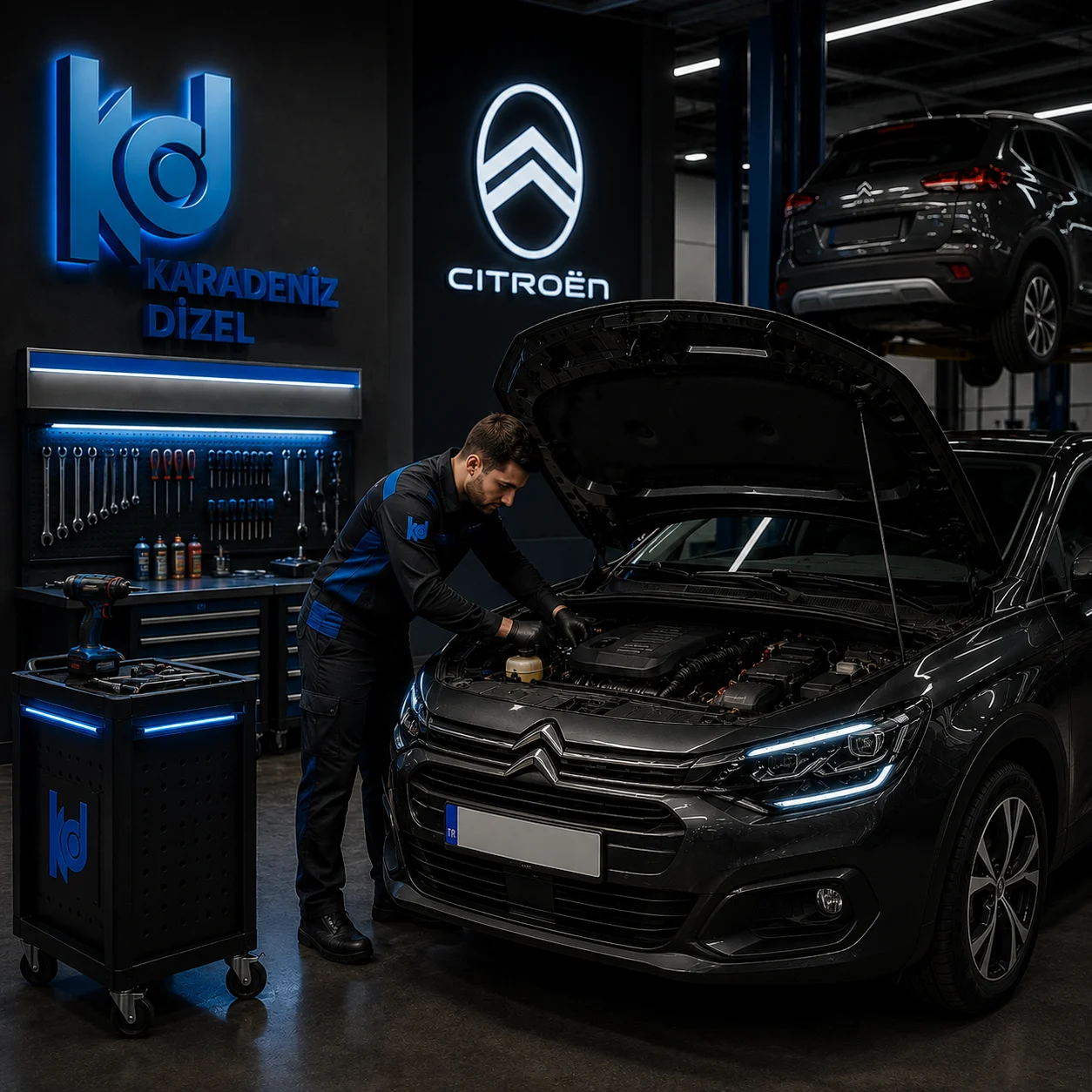 Karadeniz Dizel Oto Servis teknisyeni Citroen araca müdahale ederken